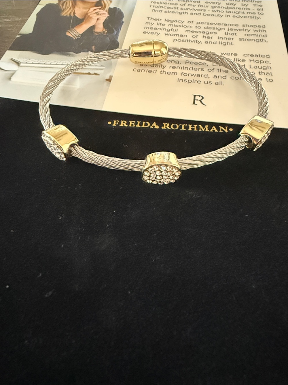 Freida Rothman Gold & Silver Cable Bangle with Crystal Accents